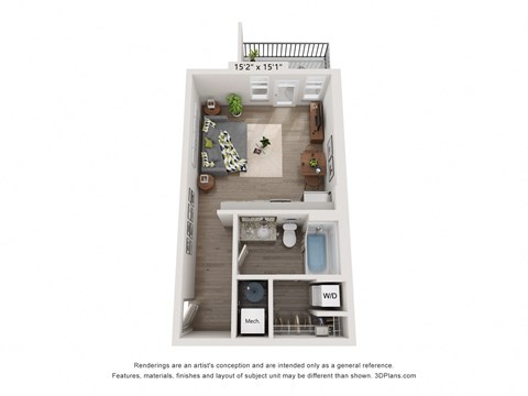 Studio apartment floor plan at Plat 10 Living in Windsor CO featuring an efficient open layout and modern design.